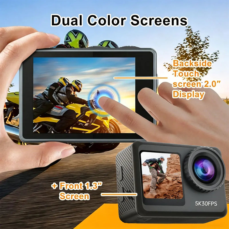 ANSVICAM 5K Action Camera 4K60FPS Dual Screen Waterproof 6-Axis EIS Vlog Camera with Magnetic Bicycle Motorcycles Sports Cameras