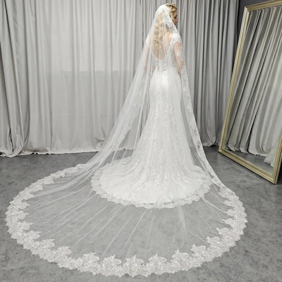 Customized Long Mantilla Veil with Eyelash Lace, 2.5m/3m | SAMAG