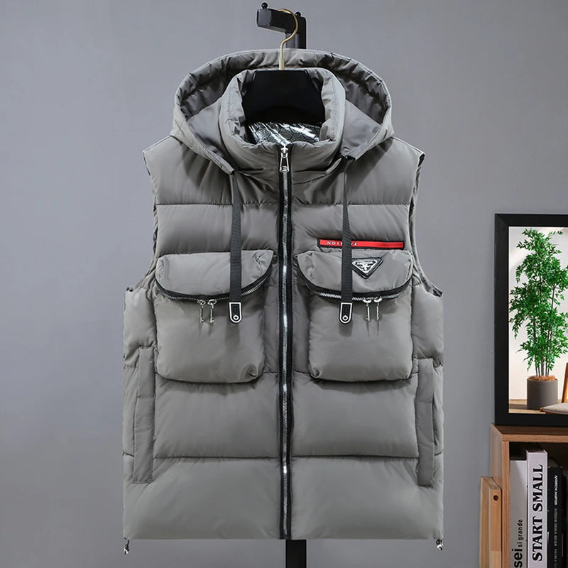 4XL Plus Size Men Vests Winter Thicken Warm Hooded Waistcoat Casual Loose Black Padded Vest Big Size