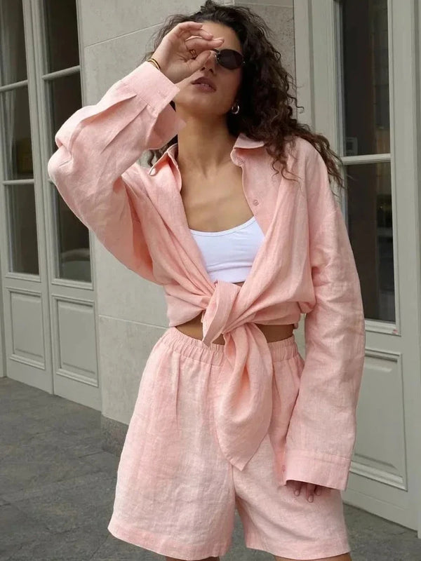 FSMG Fashion Solid Cotton Linen Shorts Set Casual Loose Buttons Long Sleeves Shirt  Elastic Waist Shorts Outfit Lady Chic Outfit