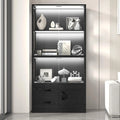 Display Cabinet with Glass Doors, 4-Tier Display Case with 3-Color Lights & Human Body Sensor, Storage Cabinets with 3 Shelves &