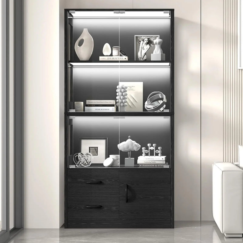 Display Cabinet with Glass Doors, 4-Tier Display Case with 3-Color Lights & Human Body Sensor, Storage Cabinets with 3 Shelves &