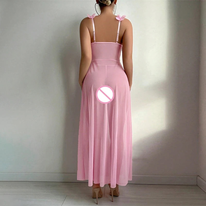Sexy Women Nightgowns Floral Sleepwear Slip Night Dress Deep-V Lace Mesh See-through Lingerie