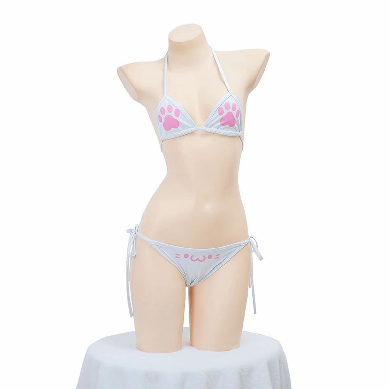 Japanese Anime Kawaii Girl Cute Cat Paw Bikini Swimsuit Women Claw Pattern Three Point Underwear Set Bra Panties Costume Cosplay