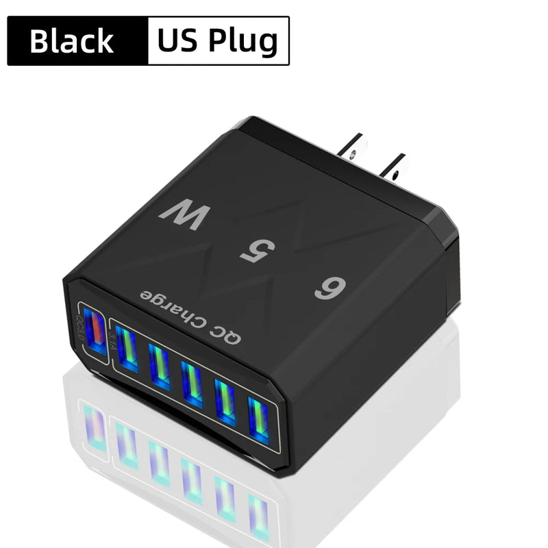 6 Ports USB Charger Fast Charging QC3.0 Travel Charger For iPhone17 16 Samsung Xiaomi Vivo Mobile Phone Adapter EU US UK Plug