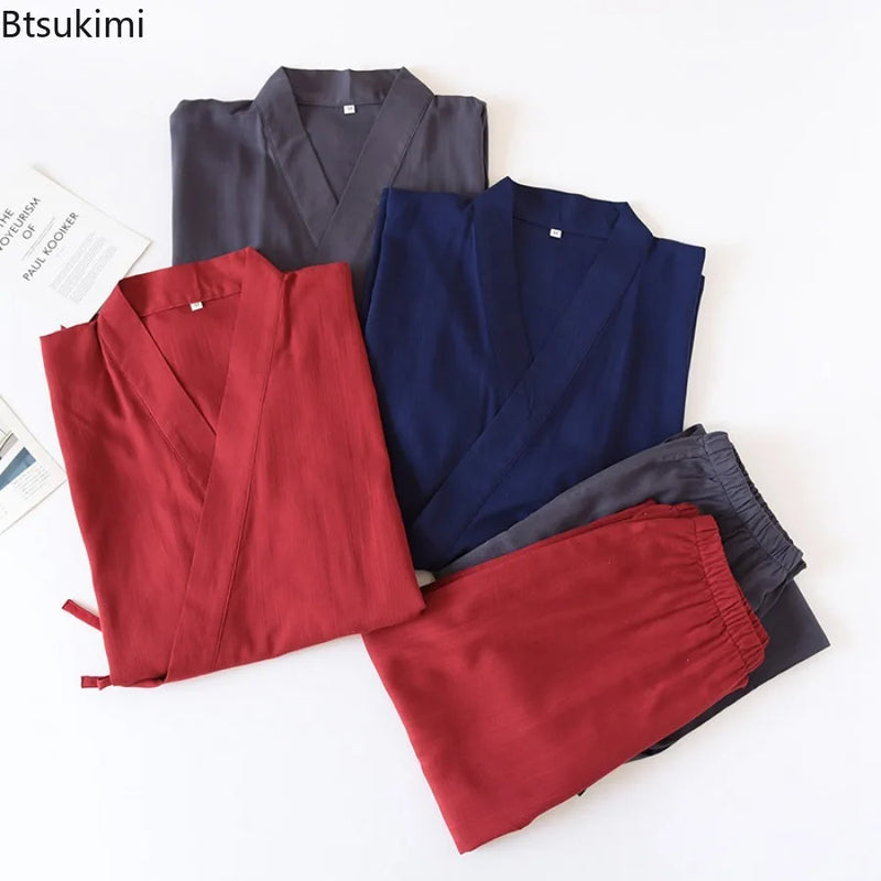 2026 Men's Japanese Kimono Robes Sets Cotton Linen Pajamas Two-piece Set Couple Loose Bathrobes Sweat Steaming Home Service Suit