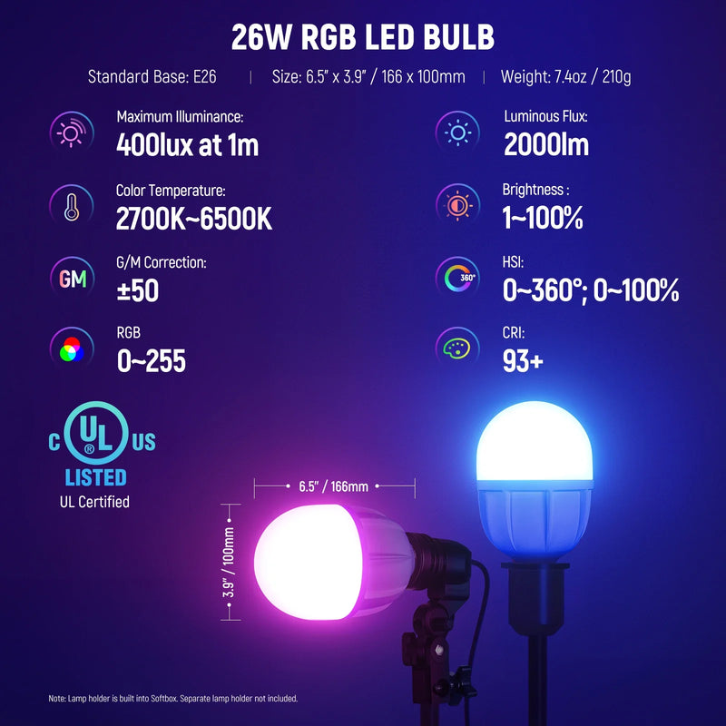 NEEWER RGB Softbox Lighting Kit With App Control & 9 Effect Modes, 2 Pack 26W FCC/IC/UL Certified LED Bulbs CRI93+ TLCI98+,