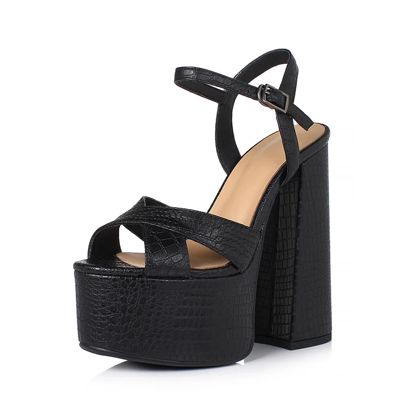 Arden Furtado Women's Summer Embossed Cowhide Platform Shoes Round Toe Super High Heel Sandals Large Size Commuter Footwear
