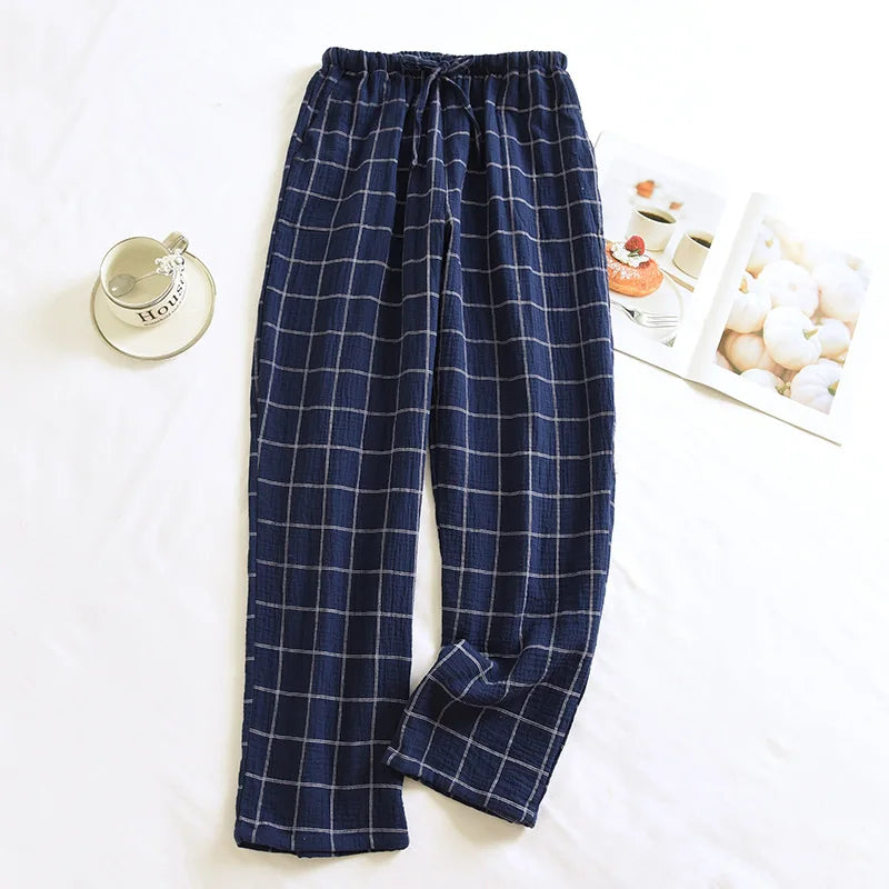 New 2026 Summer Men's Sleeper Pants 100% Cotton Crepe Pants Loose Thin Large Home Casual Checkered Home Pants Bottoms for Men