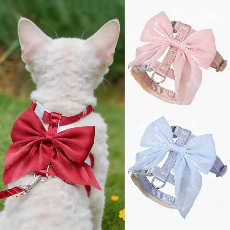 Cute Adjustable Bowknot Cat Harness Leash Escape Proof Shiny Bowknot Pet Harness Traction Rope Pet Decoration