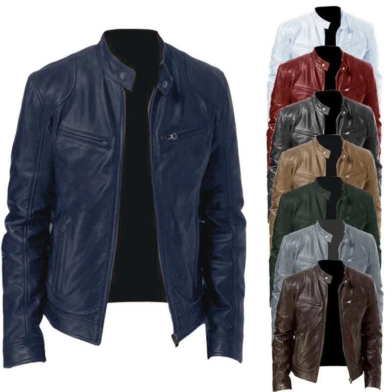 Business Style PU Leather Jacket Stand Collar Slim Fit Zipper Coat Multiple Colors Autumn New Arrival Fashion Urban Outerwear