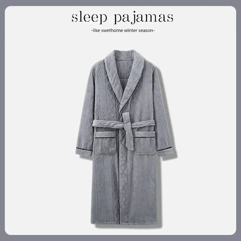 2026 Men's Autumn Winter Flannel Pajama Robes Thickened Warm Lace Up Bath Robes Men Loose Lounge Homewear Coral Fleece Nightgown