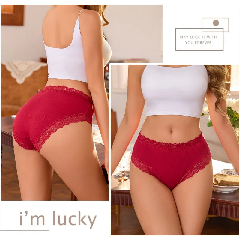 5PCS Seamless Cotton Fabric Panties Women Patchwork Lace Floral Underwear Elastic High Waist Briefs Sexy Female Lingerie S-XXL
