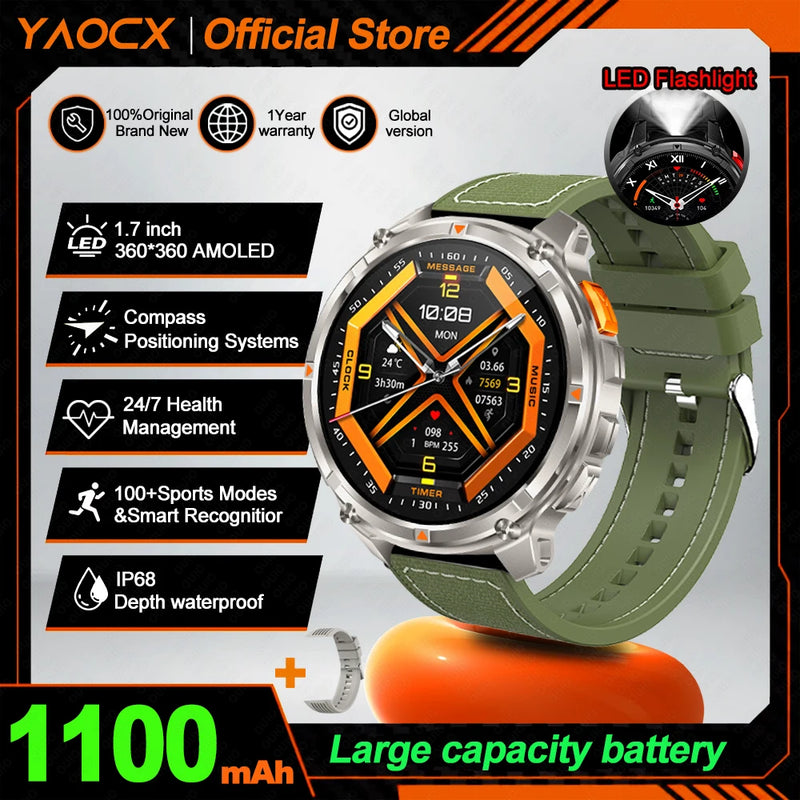 NEW 1100mAh Battery Sports Smart Watch Compass IP68 Waterproof Outdoor Flashlight Voice Assistant Heart Rate BT Call Smart Watch