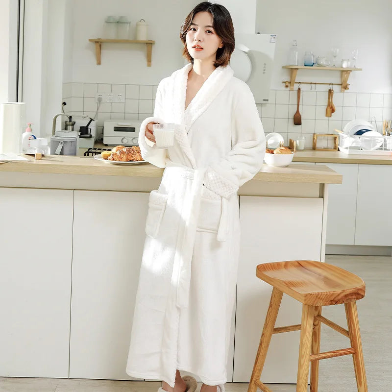 Couple Flannel Robe Winter Thick Warm Bathrobe Long Fleece Sleepwear Loungewear for Men and Women
