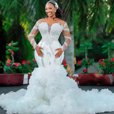 Ruffled African Wedding Dresses Black Girls Mermaid Long | SAMAG