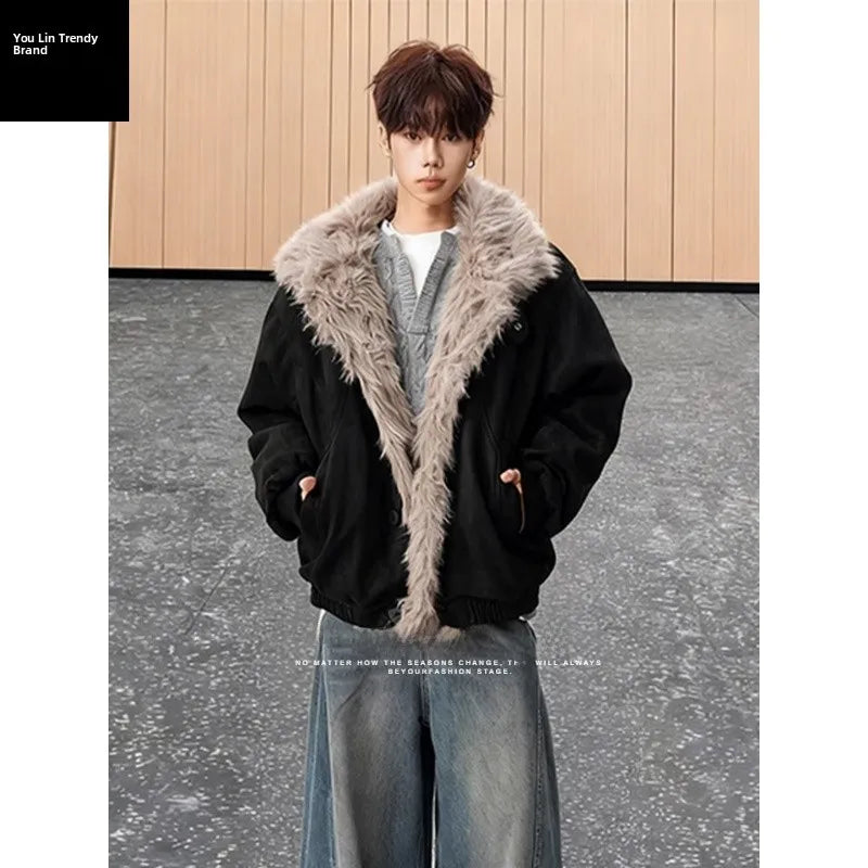Café Brown Fur Collar Short Thickened Men's Jacket Winter Coat Youth Fashion Suede Mink Velvet Cotton Clothes for Men
