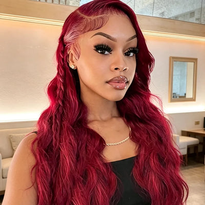34 Inch 99J Burgundy Body Wave 13x4 HD Transparent Lace Frontal Wig Human Hair Pre Plucked Baby Hair Cuticle Aligned Colored Wig For Black Women
