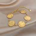 Vintage Gold Plated Stainless Steel Coins Wrist Bracelet for Women Men Classic Ethnic Cuff Bracelets Waterproof Jewelry