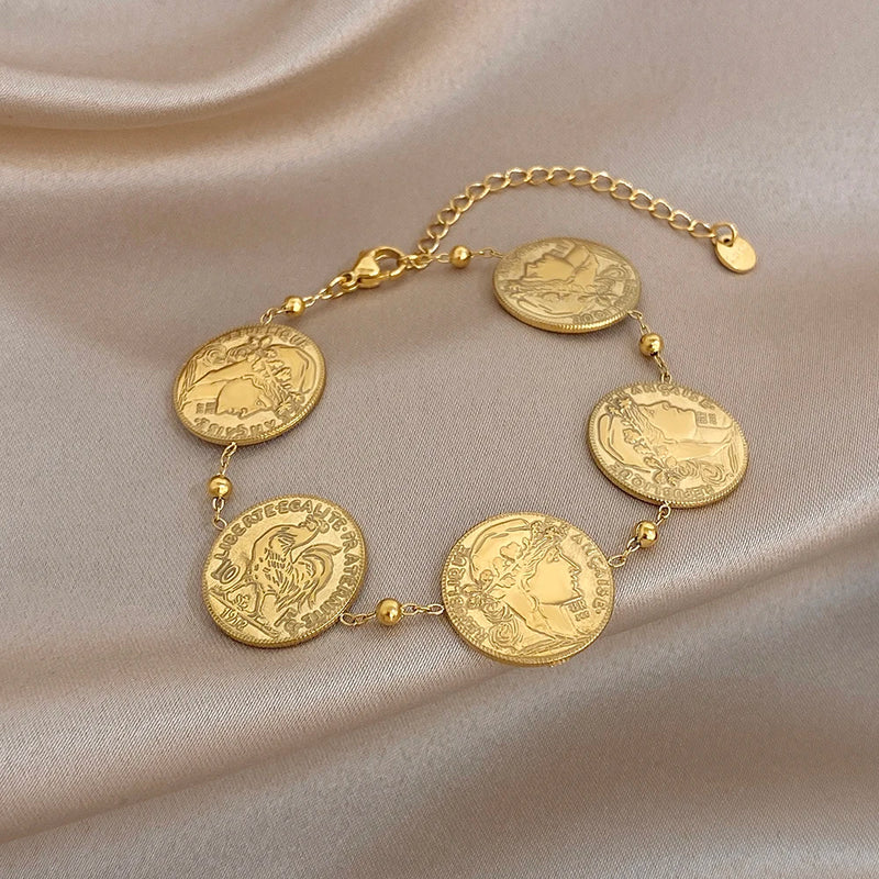 Vintage Gold Plated Stainless Steel Coins Wrist Bracelet for Women Men Classic Ethnic Cuff Bracelets Waterproof Jewelry
