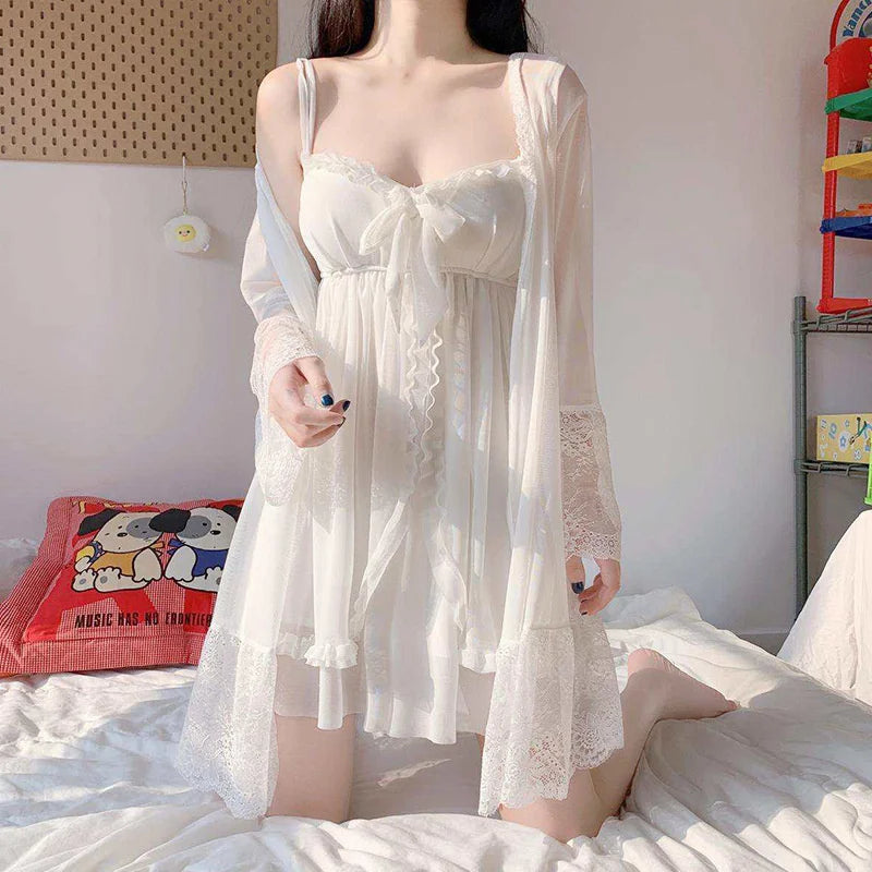 Elegant Sweet Simple Solid White Women Robe Gown Sets | SAMAG