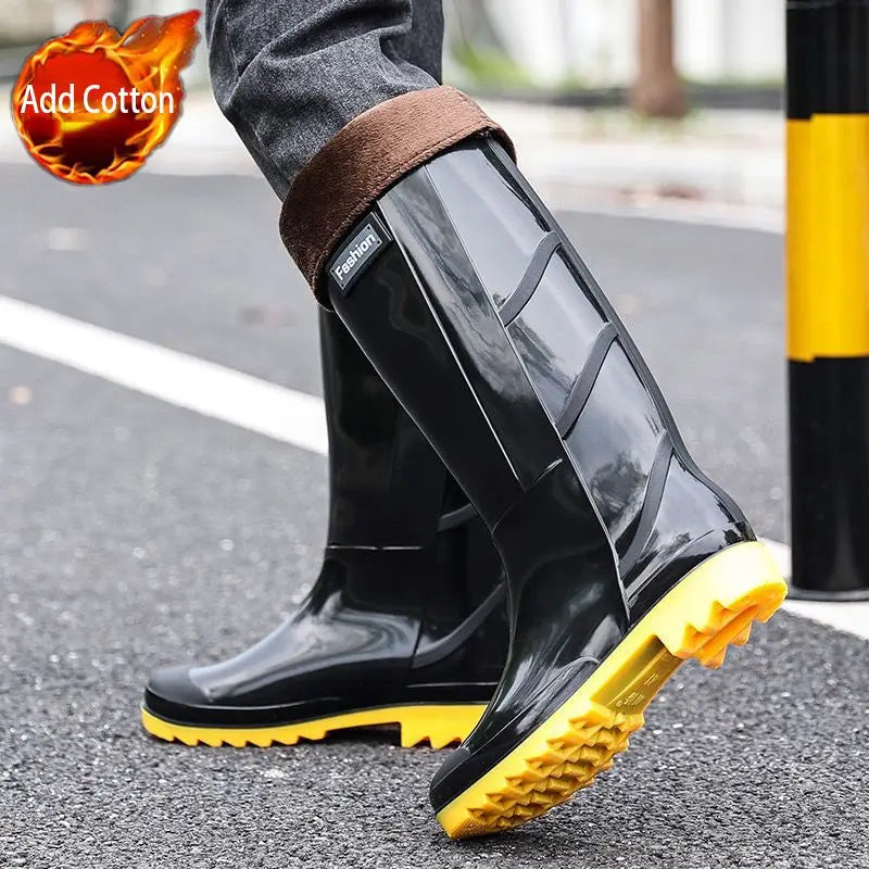 Men's Waterproof Rain Boots Knee High Anti-Slip Warm Fleece Lined Rubber Water Shoes Durable Fishing Garden Boots