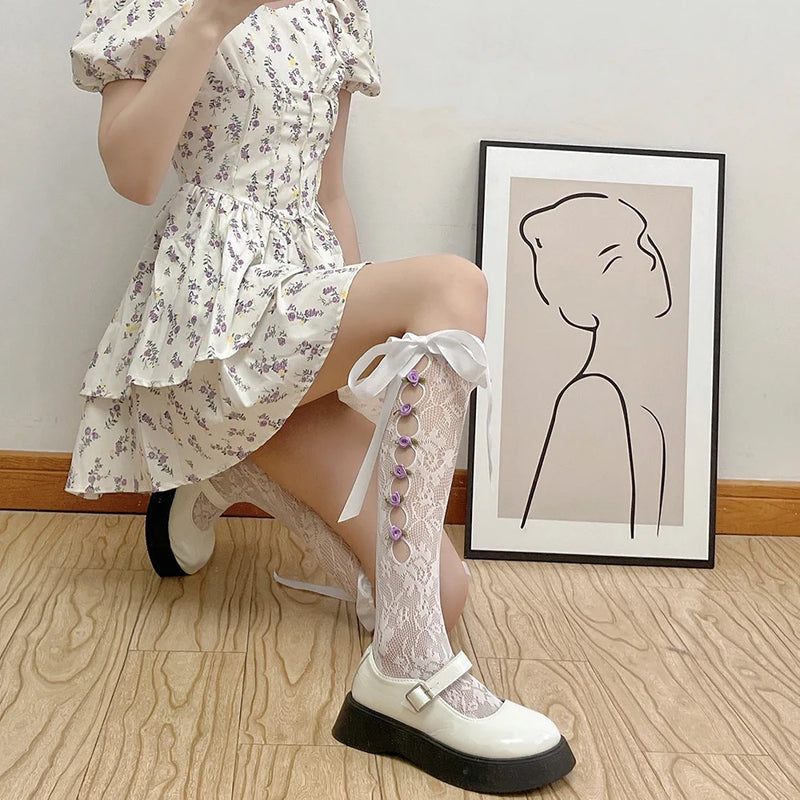 Girls Sweet Stockings Sexy Lace Mesh Fishnet Stockings Knee High Socks Flower Hollow Out Bandage Bow JK Lolita Kawaii Stockings