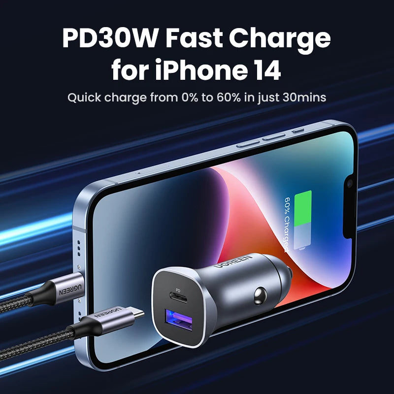 UGREEN 30W Car Charger USB Type C Fast Charger QC 4.0 3.0 PD 20W Quick Charging for iPhone 15 14 13 Xiaomi Mobile Phone Charger