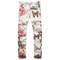 Men Butterfly Print Denim Jeans Flower Pattern White | SAMAG