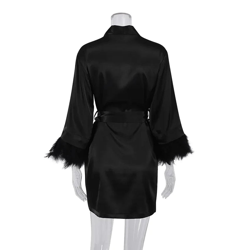 White Feather Robe With Fur Full Sleeves Sleepwear Satin | SAMAG