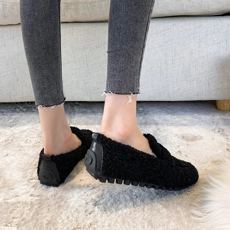 Lambwool Moccasins Femme Curly Sheep Fur Flats Woman Warm Plush Loafers Winter Cotton Shoes Women Furry Snow Boot