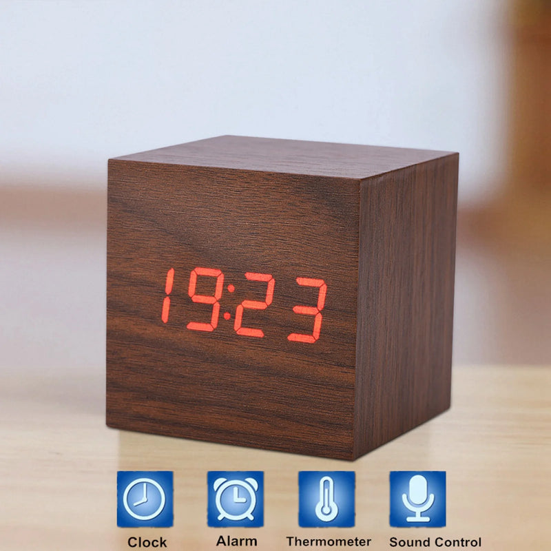 Wooden Digital Alarm Clock with LED Display Voice-activated or constant-on mode Powered by 3 AAA batteries or USB power cable