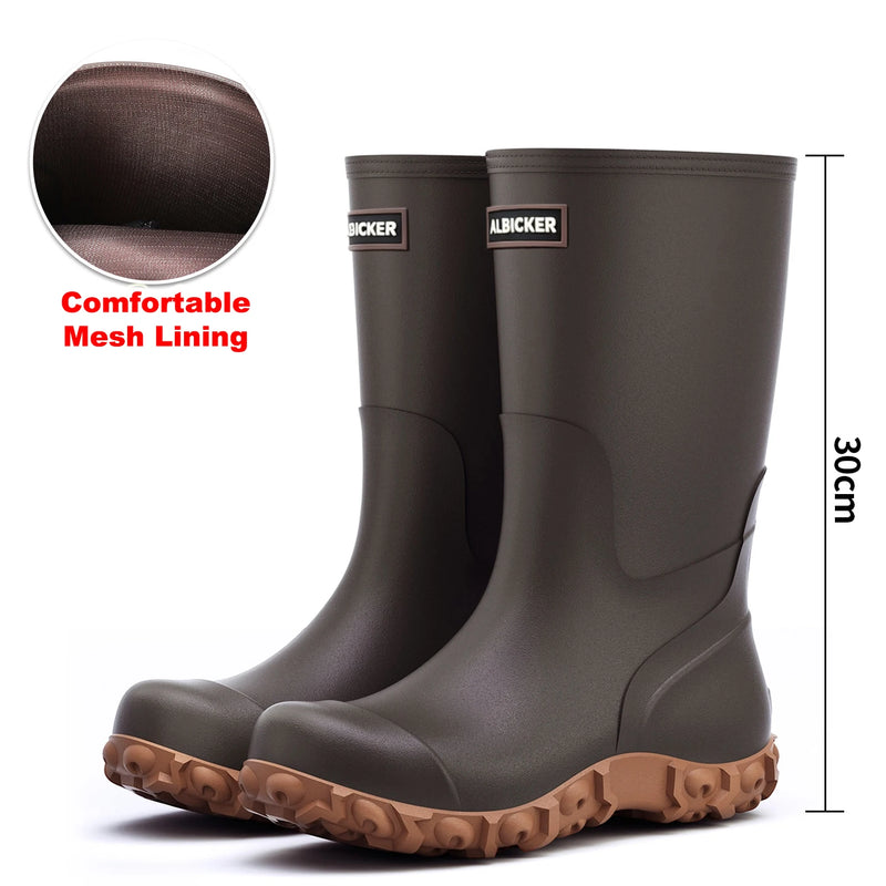 Men's Rain Boots Long Tube Water Shoes Non-slip Waterproof Safety Work Shoes Black Red High-Top Fishing Boots With Cotton Socks