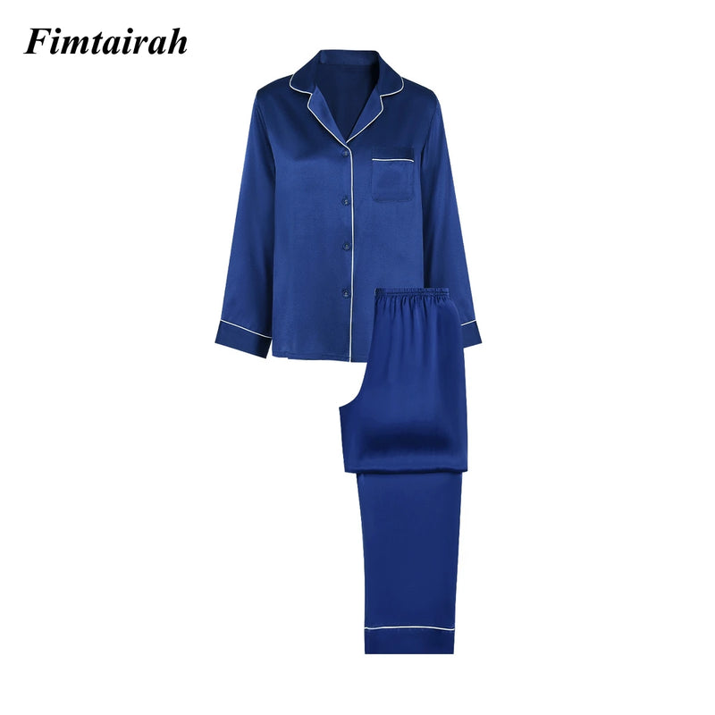 19MM 6A Silk Pajamas For Women's Summer Long sleeved Pants Women Sleapwear pj Nightwear  2pieces 100% mulberry Silk suit