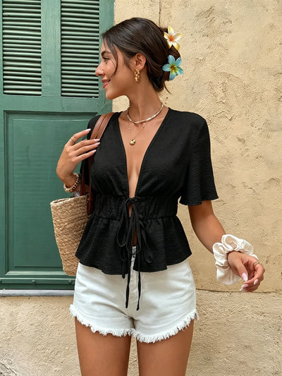 Women V Neck Flare Short Sleeve Shirt Lightweight | SAMAG