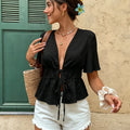 Women V Neck Flare Short Sleeve Shirt Lightweight | SAMAG