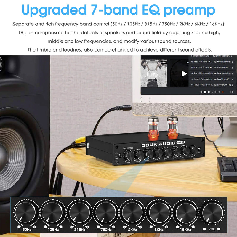 Nobsound HiFi 7-band EQ Equalizer Vacuum Tube Balanced XLR Stereo RCA Pre-amplifier with Tone Control for Desk Speaker