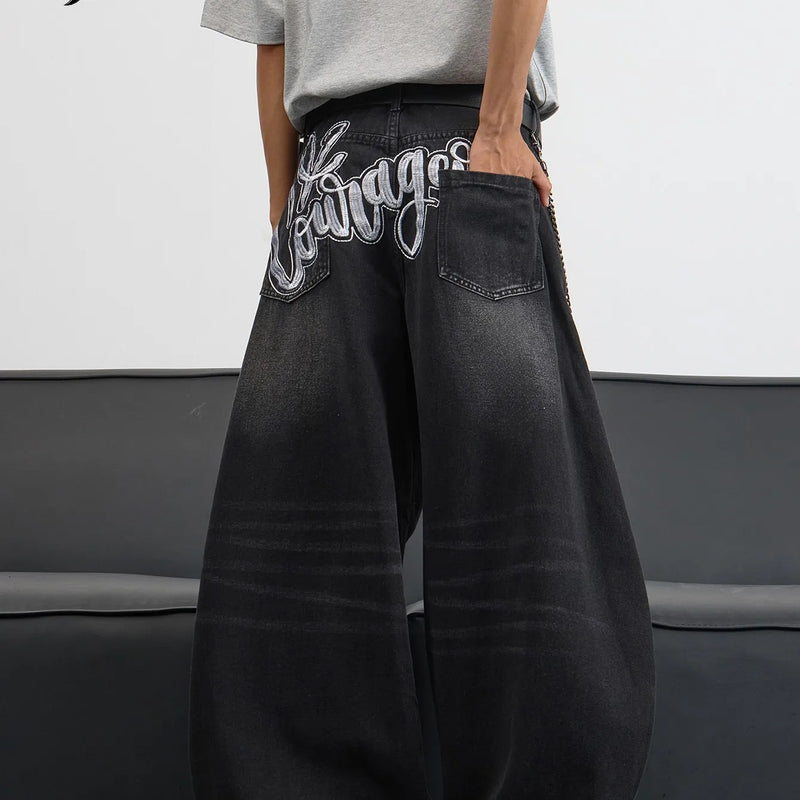 UP.THE Men's Black Baggy Wide Leg Jeans, Y2K Hip Hop | SAMAG
