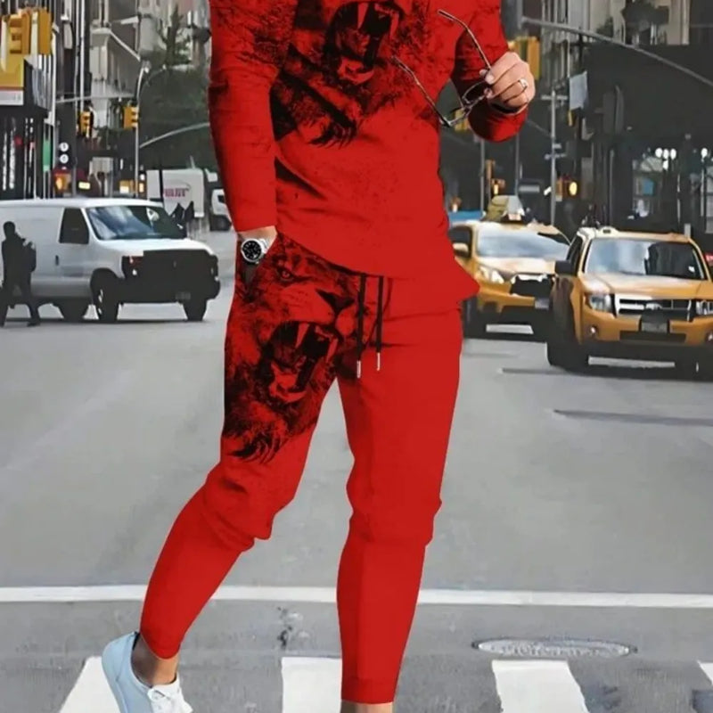 Fashionable men's summer new cool lion print comfortable and breathable round neck long pants set outdoor - View 6 | SAMAG