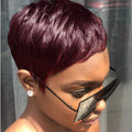 99j Color Dark Burgundy Red Human Hair Wigs for Women Short Pixie Cut Wigs with Bangs Layered Boy Cut Duby Wig Machine Made