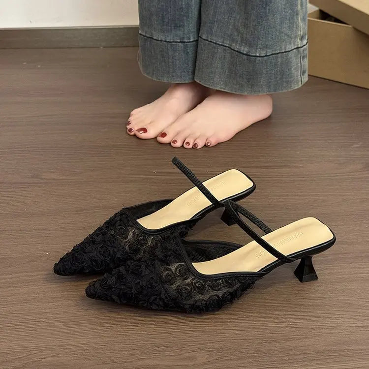 Aphixta 2026 New Fashion Women's Pink Floral Mules Pointed Toe Low Heel Slippers Elegant Summer Dress Shoes for Ladies