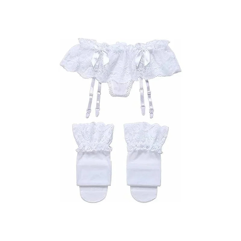 Women Lace Garter Belt and Stockings Set Jacquard Suspenders Panty Satin Bow Mini Skirt Hosiery Mesh Lingerie Pantyhose