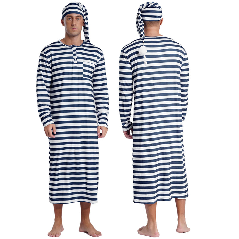Men's Striped Nightshirt Sleep Robe Set Loose Soft Long Sleeve Sleeping Long Shirts with Night Cap Christmas Sleepwear Nightwear