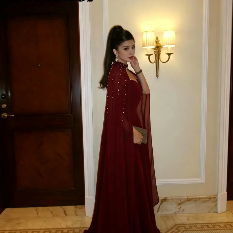Luxury Chiffon Evening Dresses Sweetheart Beaded Cape | SAMAG