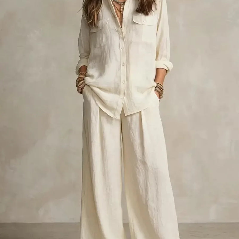 Retro Solid Office Two-piece Set Women's Spring Autumn Fashion Lapel Cardigan Top With Wide Leg Pants Suit Ladies Casual Outfit