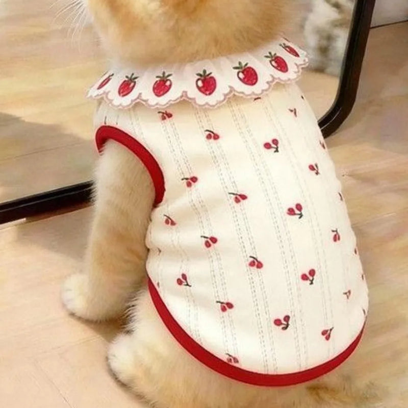 Fashion Ruffled Collar Cat Strawberry Vest Cherry Pattern Breathable Pet T-shirt Soft Thin Dogs Short Sleeve Daily Use