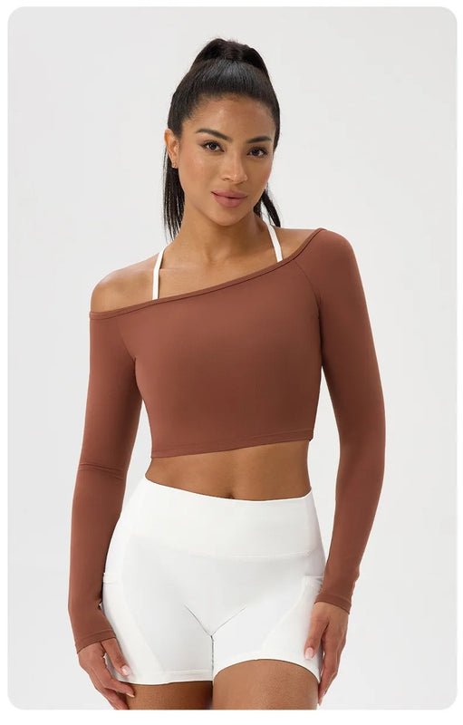 Long Sleeve Yoga T-Shirt for Women, Off Shoulder, Sexy Tight Gym Workout Top, Naked Feeling, Quick Dry Sports Activewear