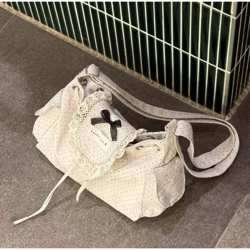 Korean Lace Polka Dot Shoulder Bag Cute Drawstring Flap Crossbody Handbag Retro Sweet Vintage Messenger Purse Daily Casual Hobo