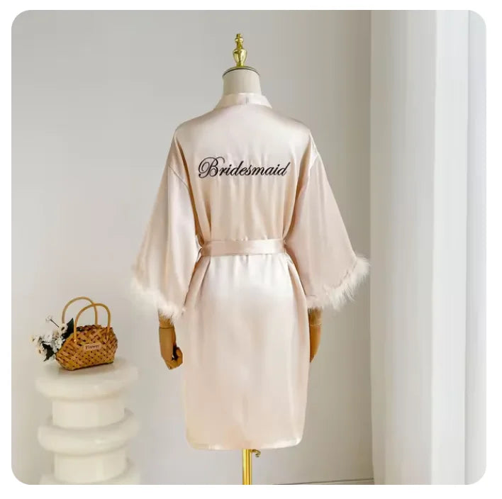 White Bride Wedding Robe with Feathers Women Satin | SAMAG