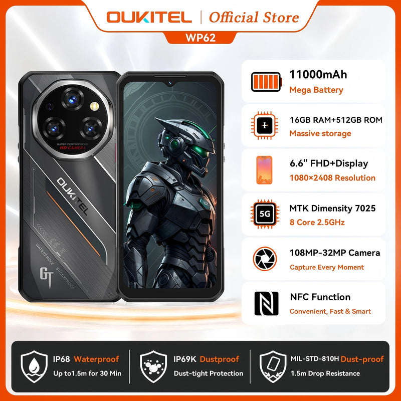 Oukitel WP62 5G Rugged Smartphone Android 15, 6.6" FHD+ 108MP Camera 48GB(16+32) +512GB Mobile Phone, 11000mAh 33W Cellphone